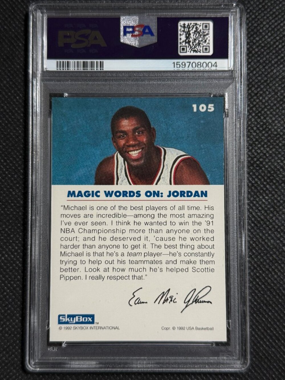1992 SKYBOX USA BASKETBALL CARD #105 HOF MICHAEL JORDAN ON MAGIC JOHNSON PSA 9 - Picture 2 of 2